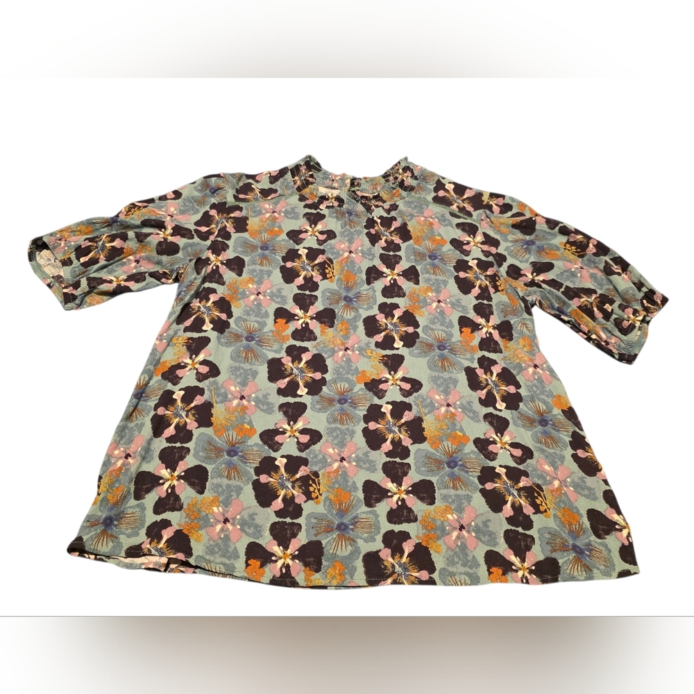 Knox Rose Retro Print Blouse Smocked Neck Embroidered Detail Size S EUC